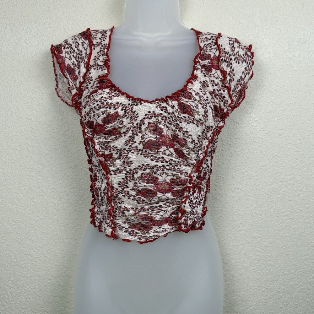 Free People Oh My Baby Tee Red Floral Sheer Mesh Ruffle Cotton Crop Top Sz XS